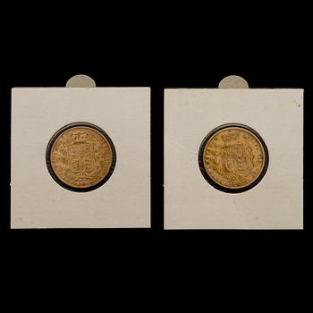 GULDMYNT, 2 st, Victoria Young Head Shield Sovereign-mynt, 1845 och 1862.