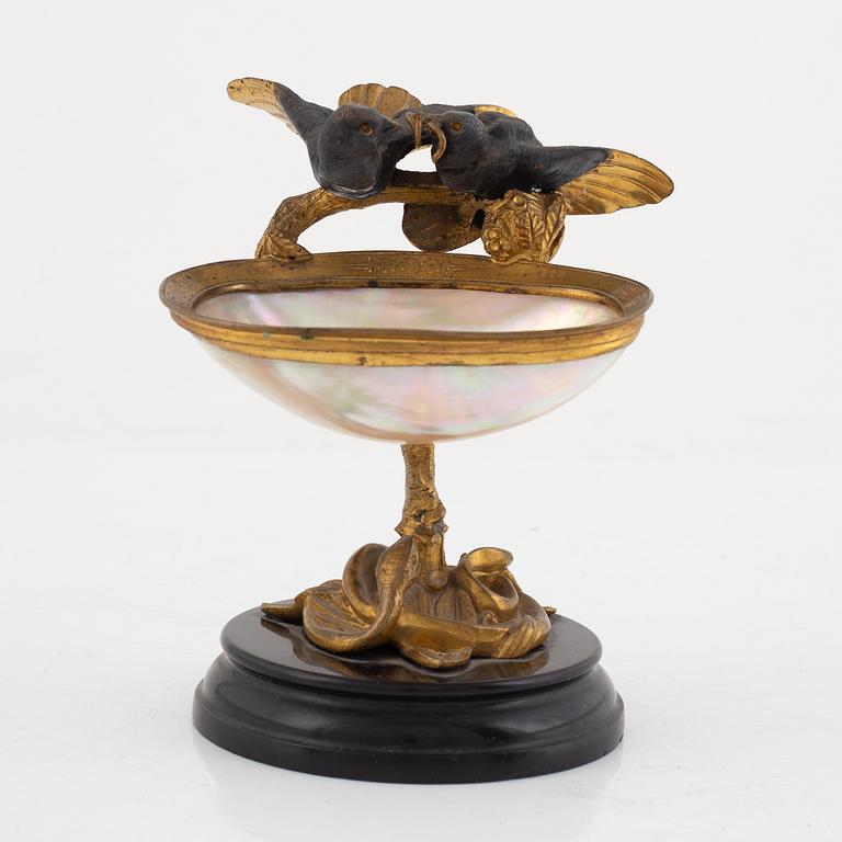 A gilt-bronze and mother of pearl stand for a pocket watch, later part 19th century.