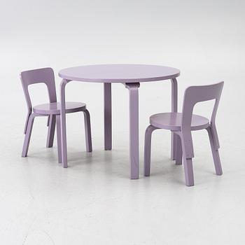 Table, Gärsnäs, and a pair of No. 65 children's chairs by Alvar Aalto.