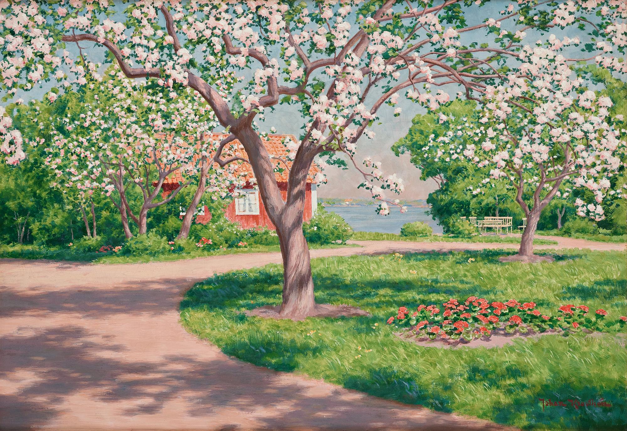 Johan Krouthén, Sommarlandskap med blommande fruktträd.