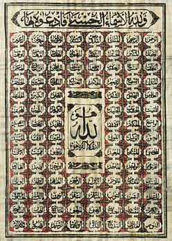 Egyptisk papyrus målning med Allahs alla 99 namn,