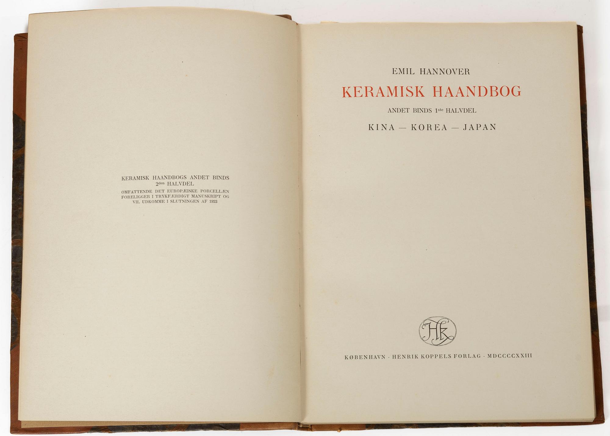 Three books, Emil Hannover, Keramisk Handboog, Copenhagen 1923.