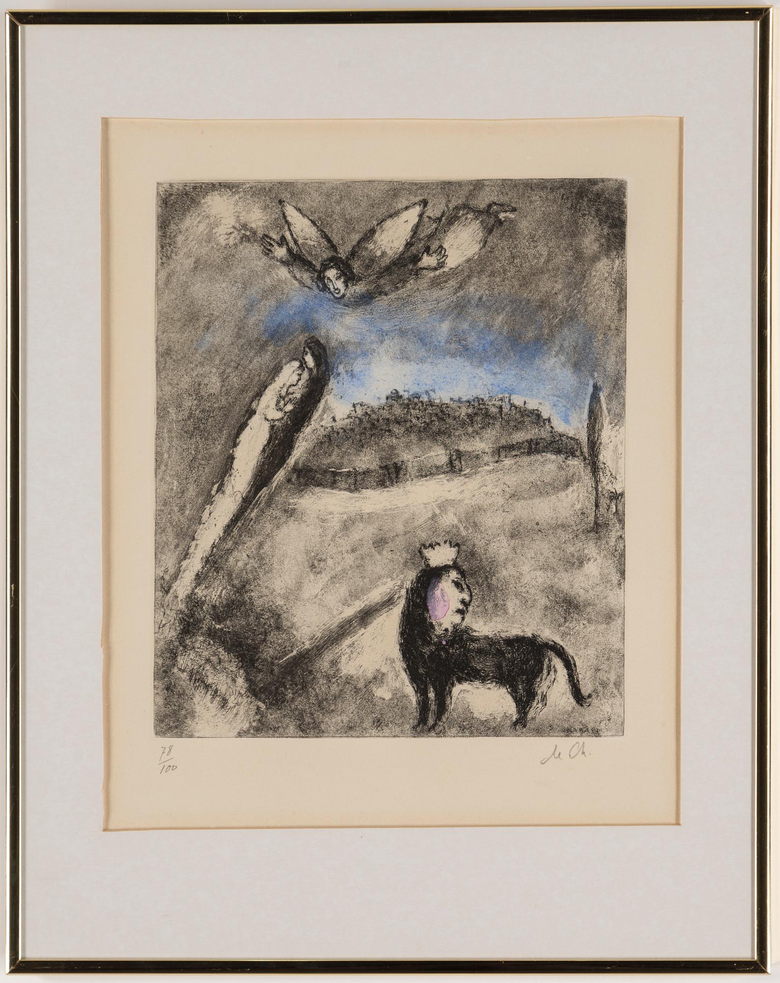 MARC CHAGALL, etching with hand colouring, 1958, on Arches paper, signed in pencil and numbered 74/100.