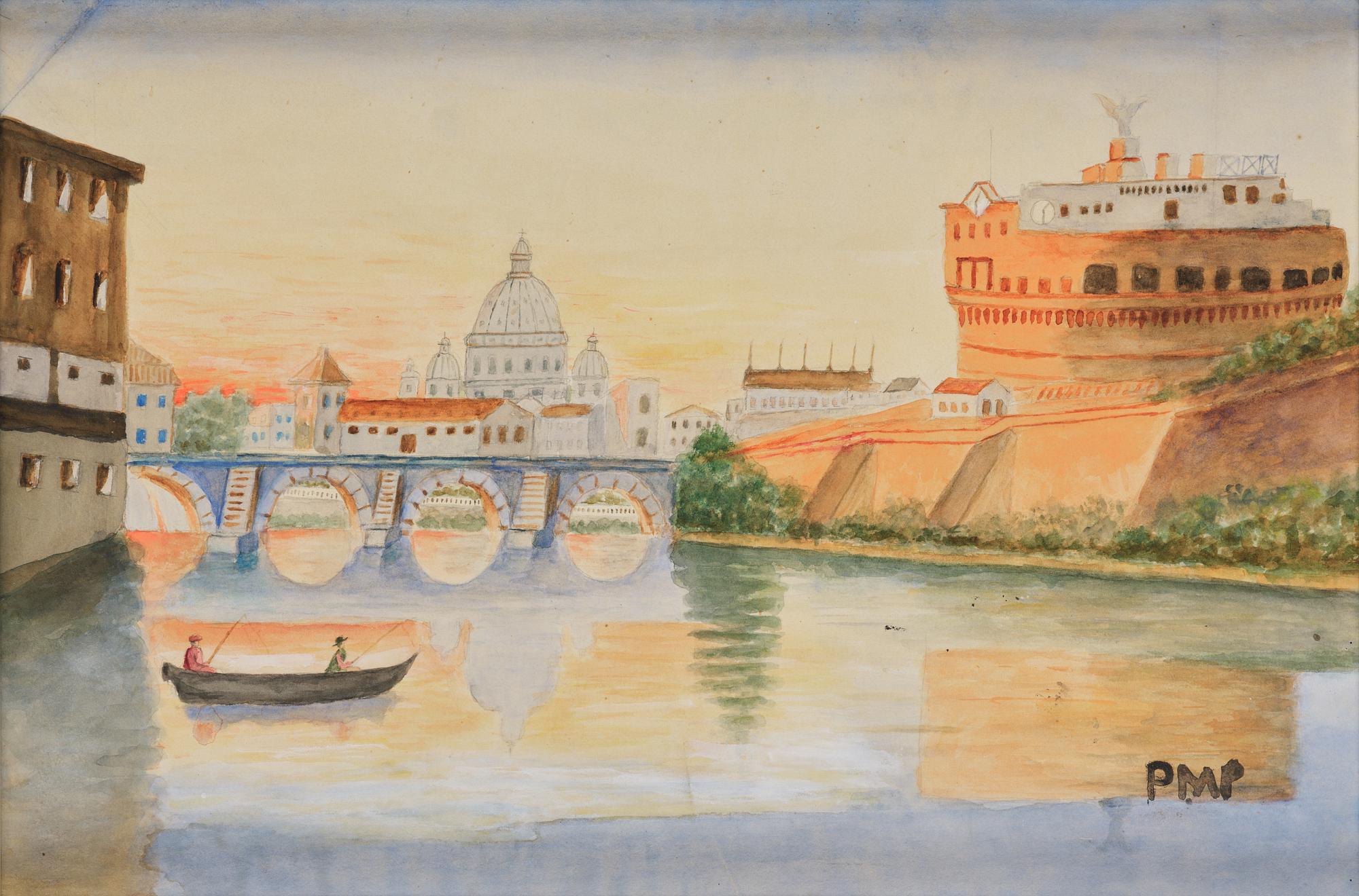 Primus Mortimer Pettersson, "Utsikt över Tibern i Rom med Peterskyrkan och Engelsborg".