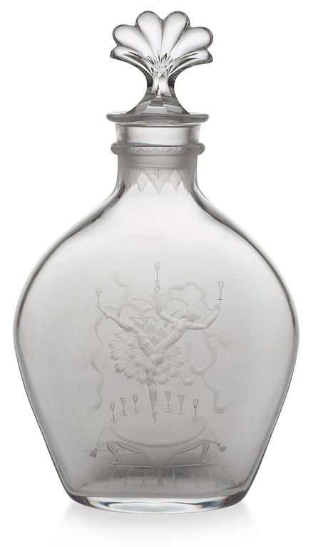 A Simon Gate engraved glass decanter with stopper, Orrefors, 1926.