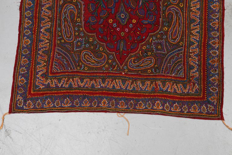 A pair of semi-antique Pateh Kerman embroideries, ca 279 x 88 cm and 282 x 84 cm.