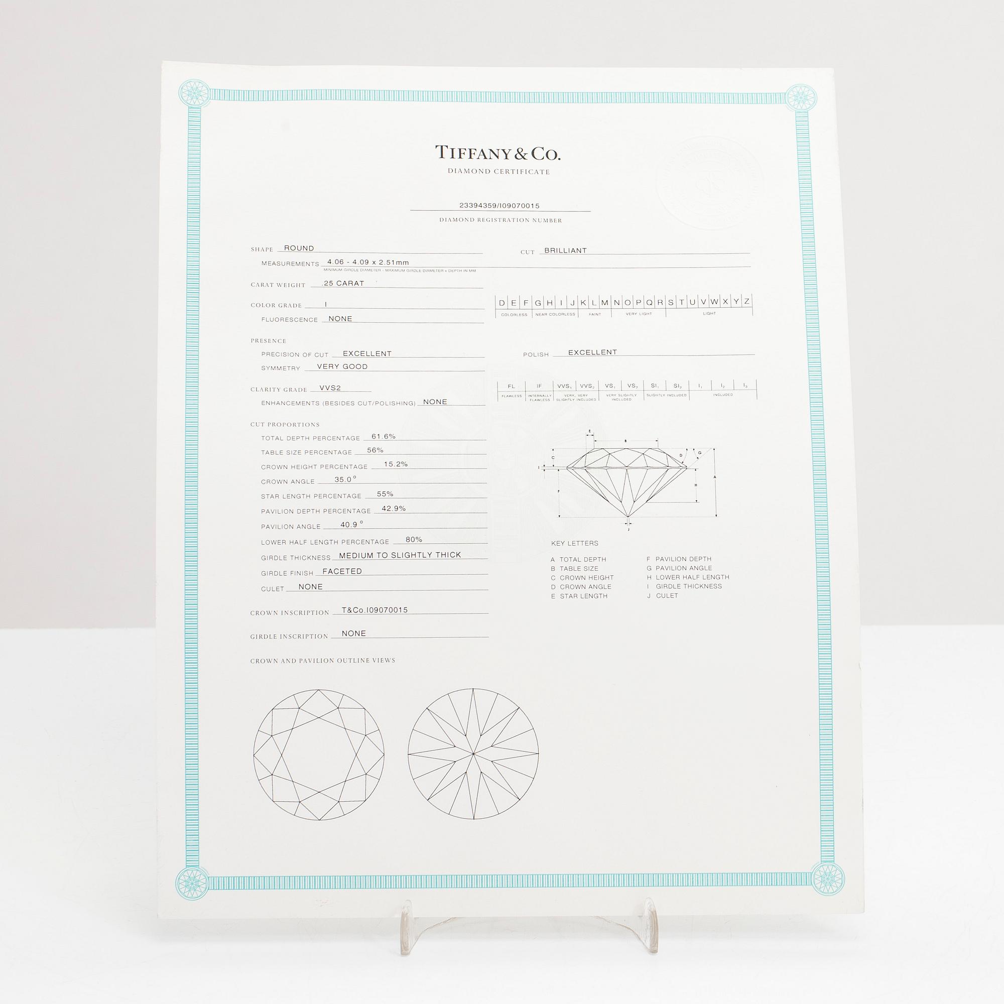 Tiffany & Co, sormus, platinaa ja timantti 0.25 ct. Todistuksella.