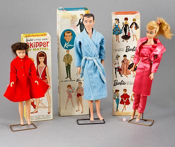 BARBIEDOCKOR, 3 st, med TILLBEHÖR, Mattel, 1950-60-tal.