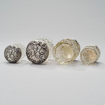 CUT GLASS JARS WITH SILVER LIDS, two pairs, Levi & Salaman, Birmingham 1898.
