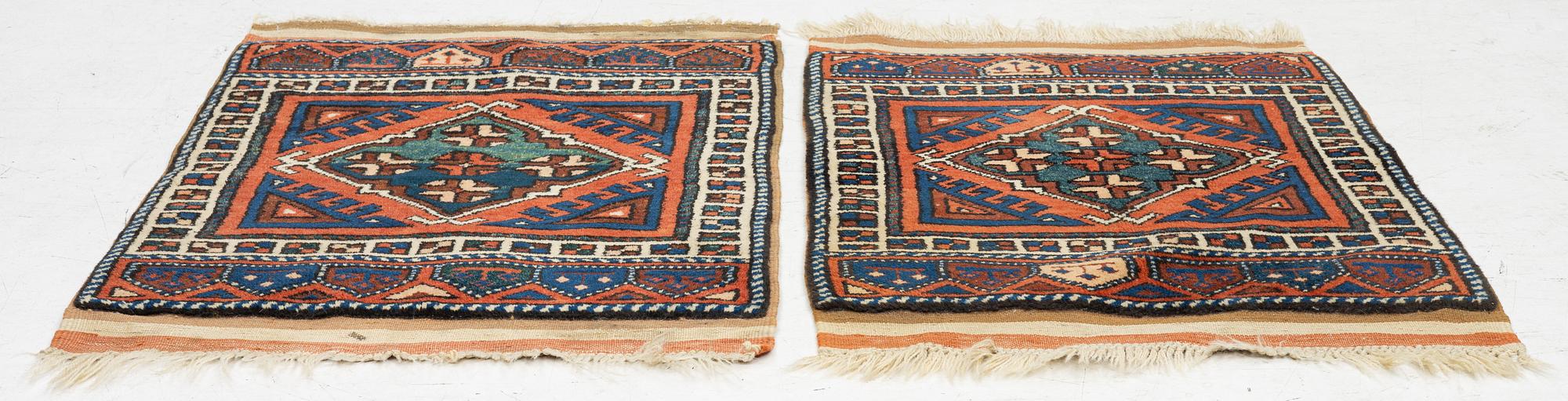 A pair, semi-antique rug, Döşemealtı, Antalya region, Turkey, ca 75 x 77 cm.