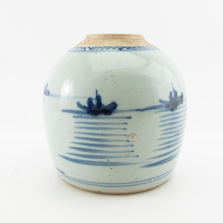A blue and white jar, 20th century.