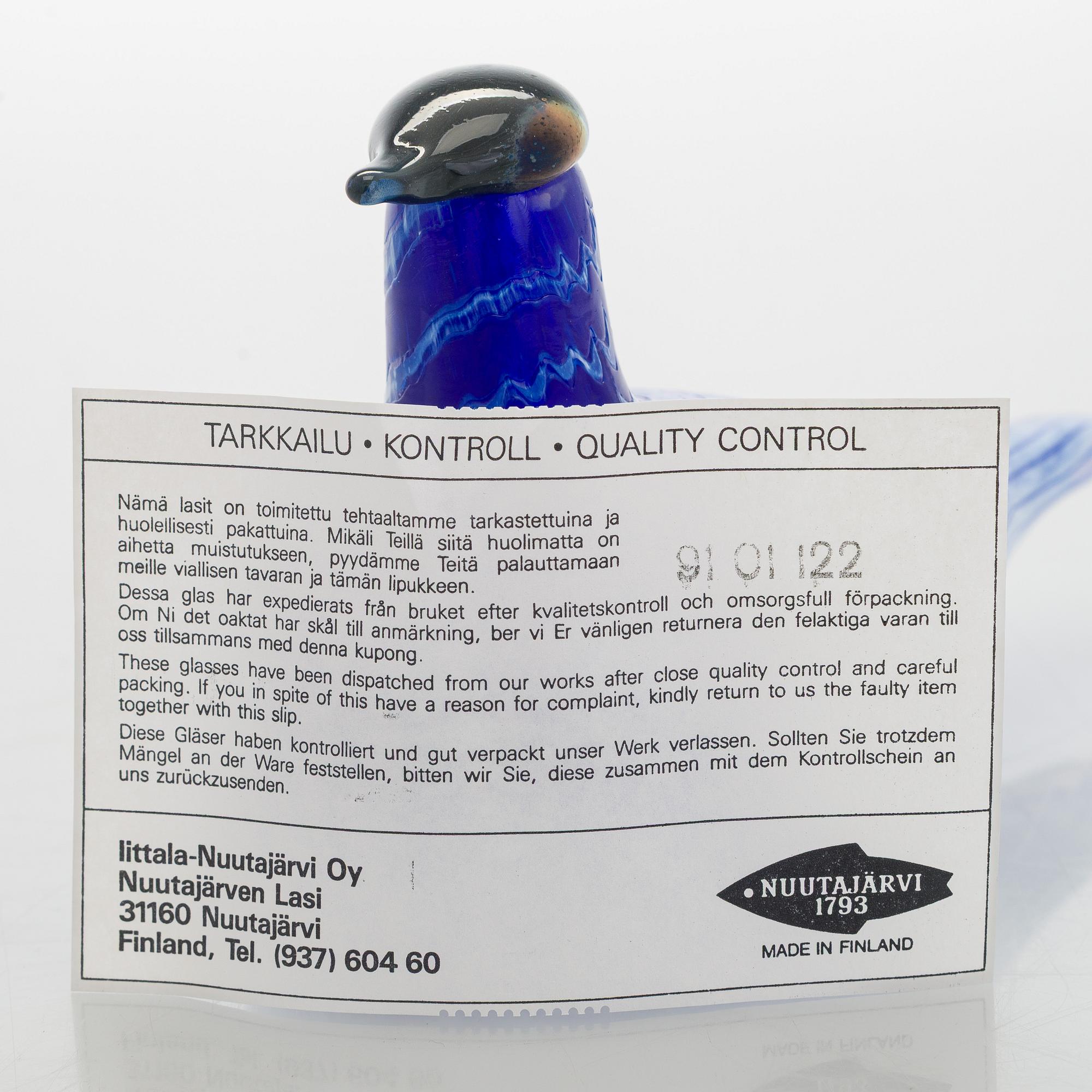 Oiva Toikka, a glass "Blue Bird", signed O. Toikka, Nuutajärvi.