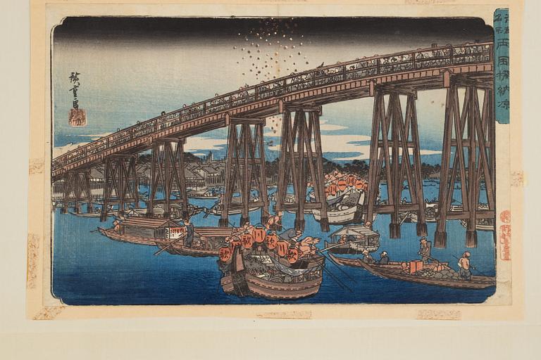 Ando Utagawa Hiroshige, two woodblock prints 'Cooling off at Ryōgoku Bridge' and 'Fireworks at Ryogoku Bridge'.