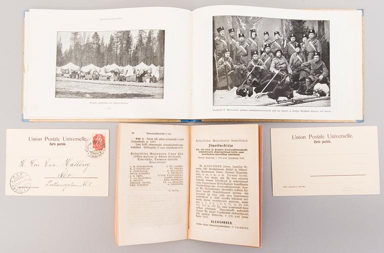 Finska krigsmaktens medaljer, 6 st, och böcker, 2 st, Finland, ca 1855-1931.