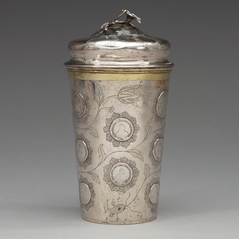A Baltic 18th century pacel-gilt beaker and cover, unidentified makers mark.