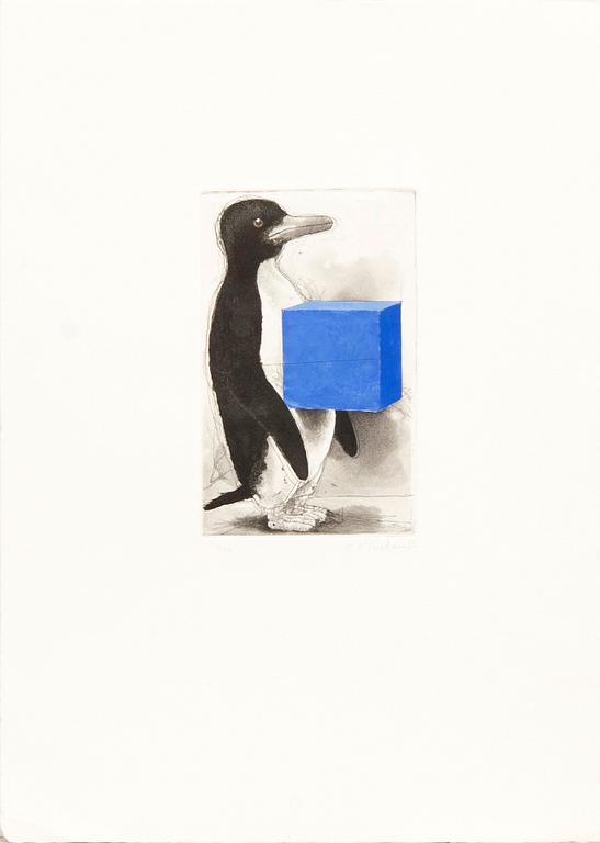 PG Thelander, penguin with blue cube.