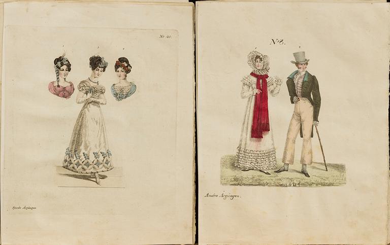 SVENSKA KOSTYMER, 10 st, handkolorerade litografiska tryck,  Stockholm, 1820-tal.