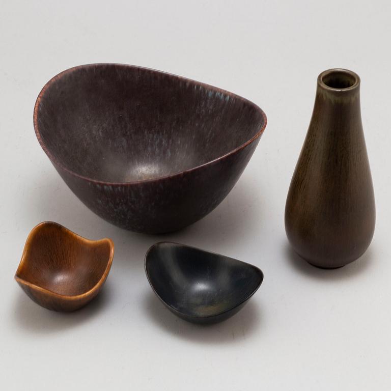 GUNNAR NYLUND, three glazed bowls and a glazed vase, from Rörstrand.