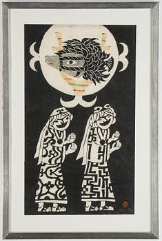 kichiemon okamura, stencil print, signed with seal mark for the artist.