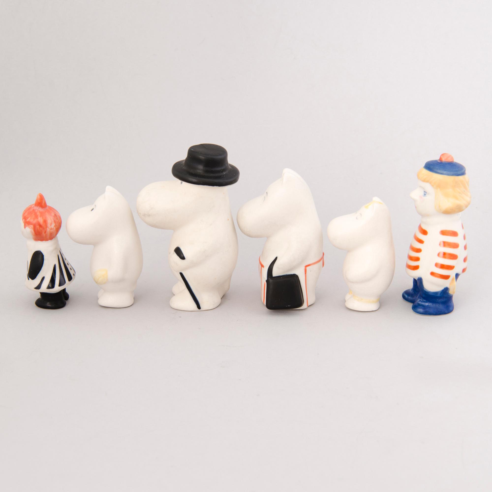 TUULIKKI PIETILÄ, Moomin, six different porcelain figurines, Arabia, Finland 1990s.