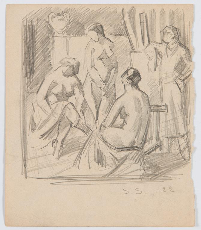 Santeri Salokivi, En grupp nakenmodeller med Urna, 2 st, samt urna från Konstnärens hem.