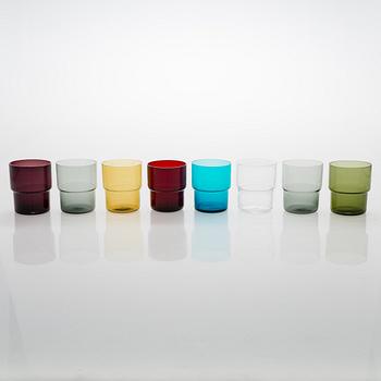 Saara Hopea, A glass pitcher and six glasses in rattan basket, for Nuutajärvi. Designed year 1952.