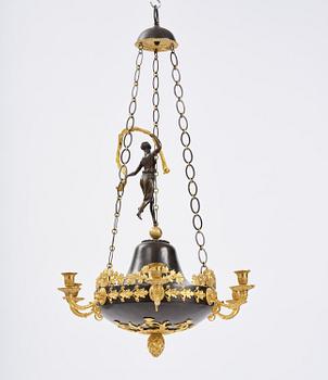 A patinated and ormolu six-light Empire chandelier, Stockholm, first part 19th century.