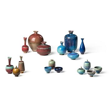 62. Berndt Friberg, a group of 17 stoneware miniature vases and bowls, Gustavsberg studio 1970s.