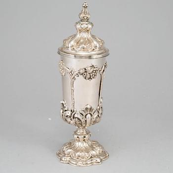 A German mid 19th century parcel-gilt silver cup and cover, marked Fürth.