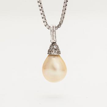 An 18K white gold necklace, with a cultured pearl and diamond pendant in platinum.