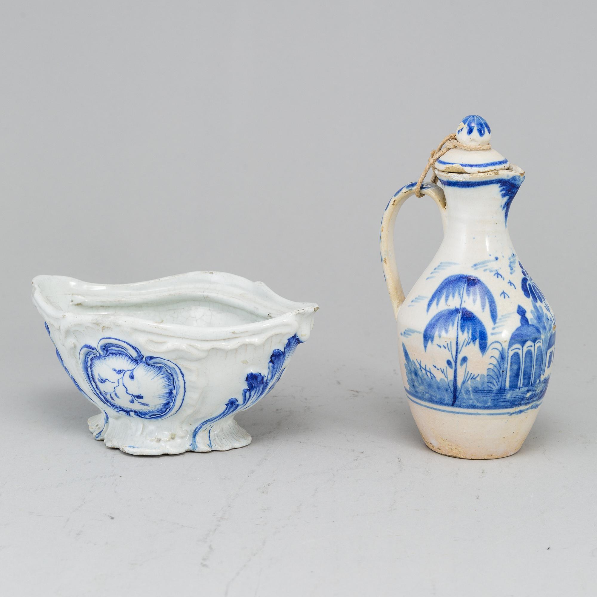 A faience tureen, unmarked, presumably Mariberg, 18th Century and a ewer with cover, 18th Century, unmarked.