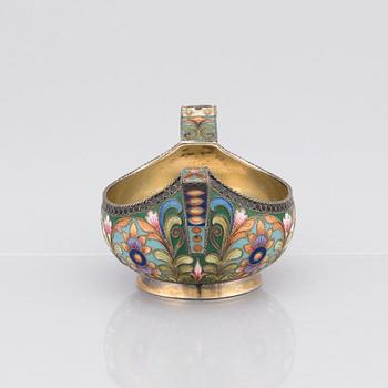 A silver-gilt enameled kovsch, marks of Khlebnikov, Moscow 1908-1917.