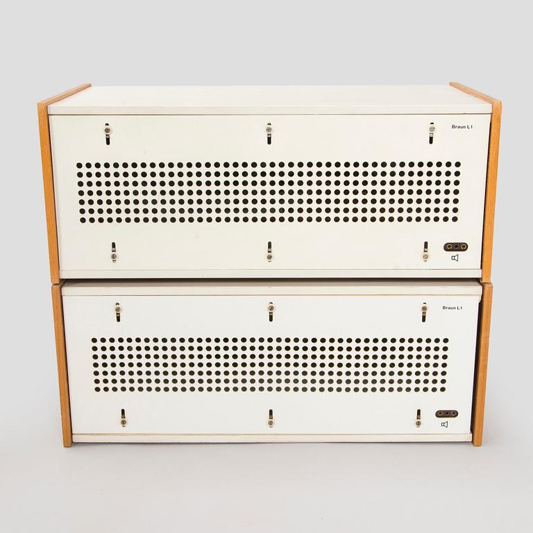 Dieter Rams, radiogrammofoni, "Phonosuper SK-5", Hans Gugelot & Dieter Rams, sekä kaiuttimet, "L1", Braun AG. Saksa, 1950-60-luku.
