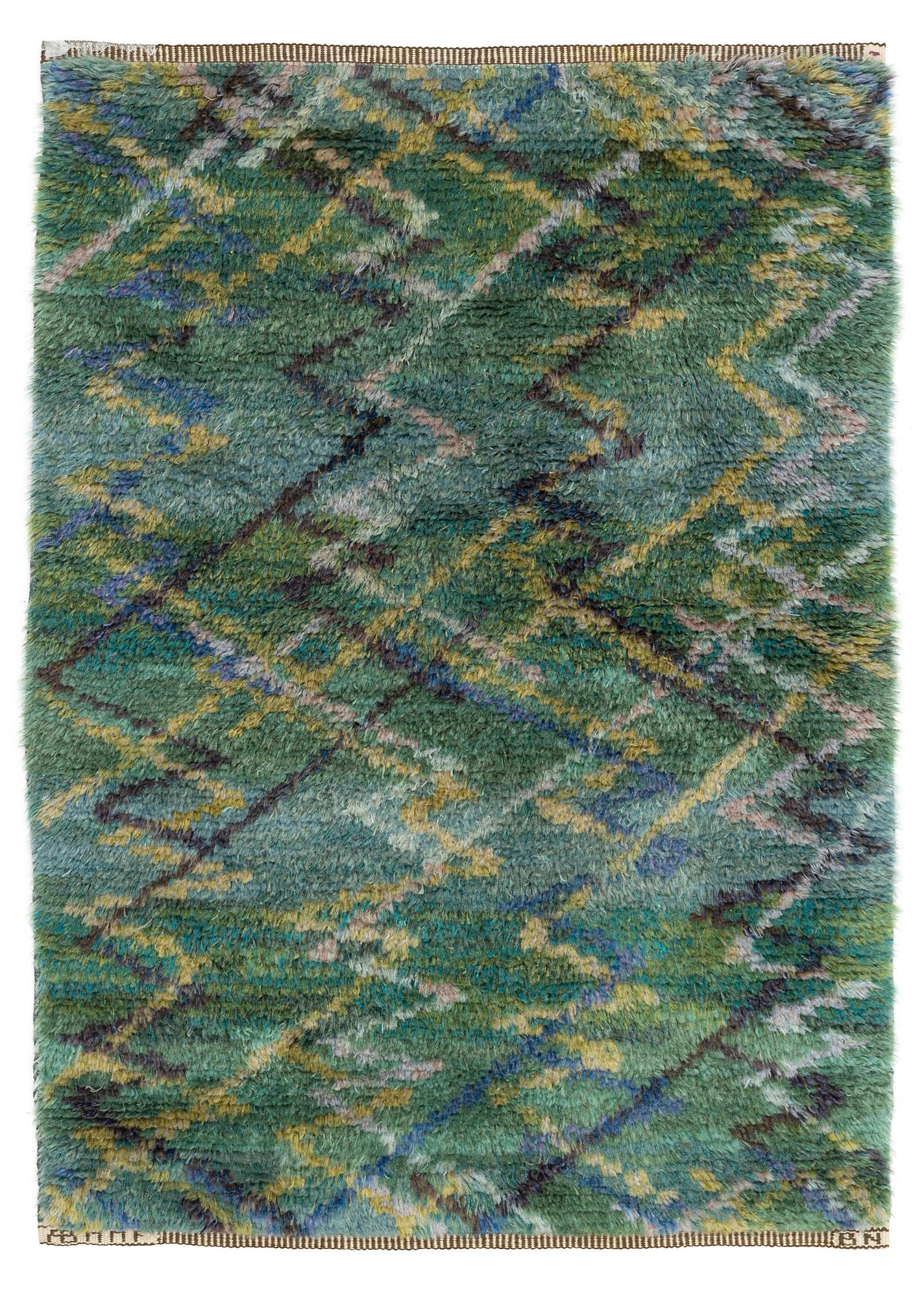 Barbro Nilsson, matta, "Sommarvägar, grön", rya, ca 117 x 88 cm, signerad AB MMF BN.