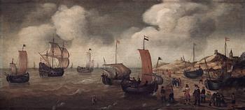 909. Cornelis Verbeeck, Holländska köpmän och fartyg vid kust.