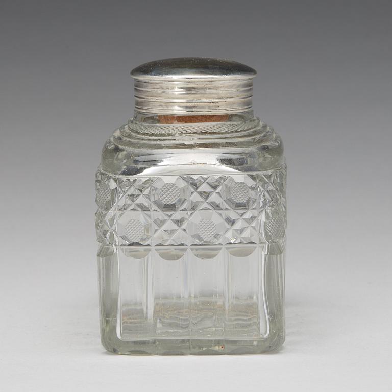 A Russian 19th century glass and silver tea-caddy, lid marked Johan Bernard Hertz, St. Petersburg 1833.