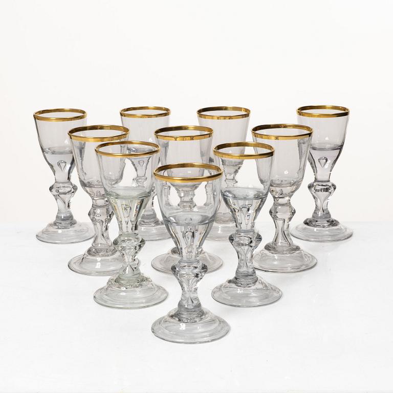 Ten Baroque style wine glasses, 20th Century.