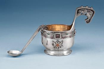 422. A FABERGÉ SILVER KOVSCH WITH LADLE.