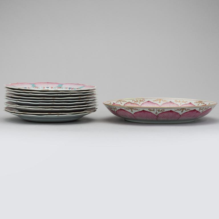 A set of ten plates and a dish with similar lotus pattern, Qing dynasty, Qianlong (1736-95).