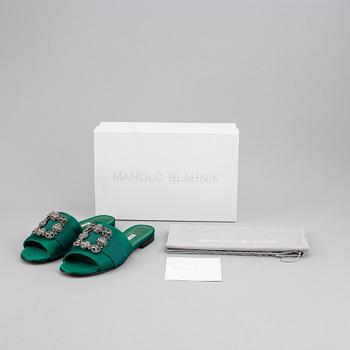 Manolo Blahnik, a pair of green satin sandals, size 38.