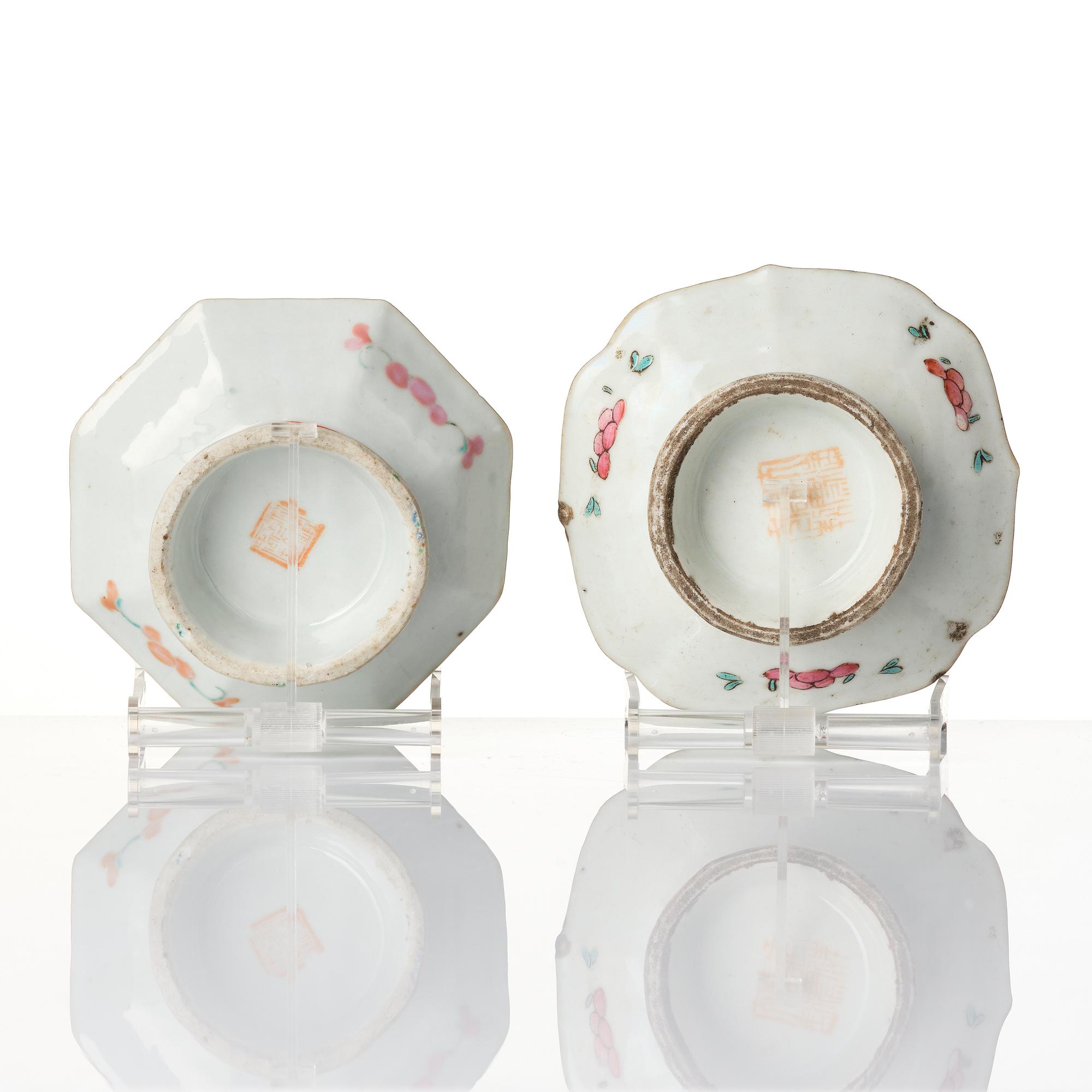 Two Chinese famille rose porcelain dishes and a censer, a pair of enamel spoons, Qing dynasty.