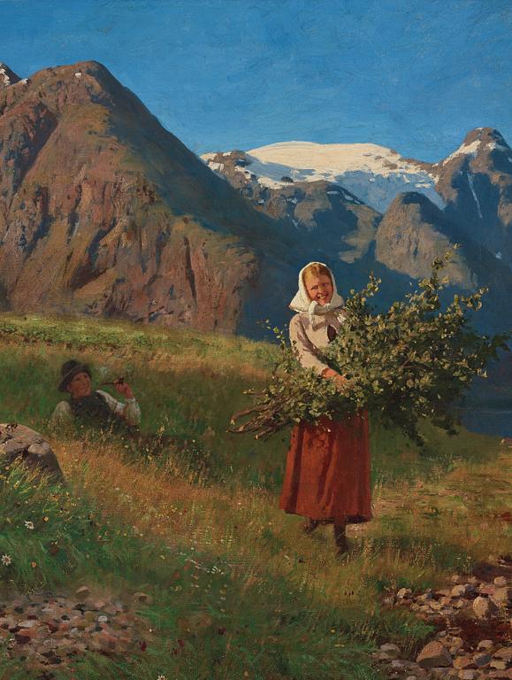 Hans Dahl, Fjordlandskap med figurer som plockar ris.