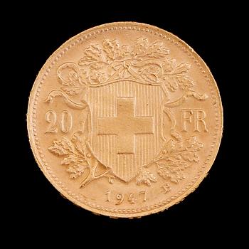 GULDMYNT, 20 fr, Schweiz, 1947. Vikt ca 6 g.