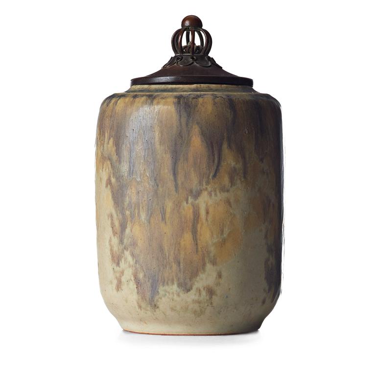 Patrick Nordström, a stoneware jar with patinated bronze cover, Royal Copenhagen, Denmark 1918.