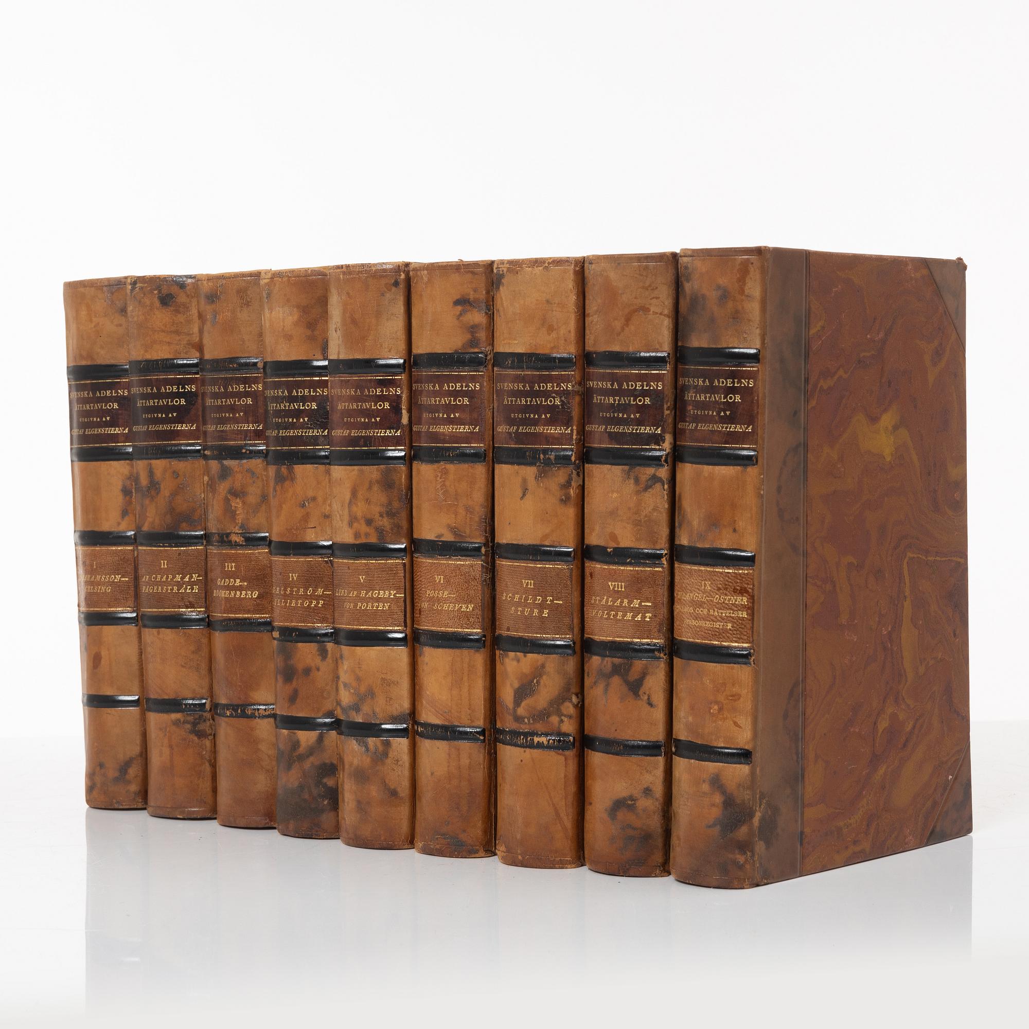 Nine volumes of Gustaf Elgenstierna's 'Den introducerade svenska adelns ättartavlor', 1925-1936.
