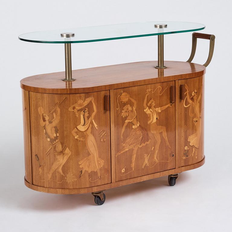 Birger Ekman, attributed to, a Swedish Modern bar-trolley by Mjölby Intarsia, 1930-1940's.