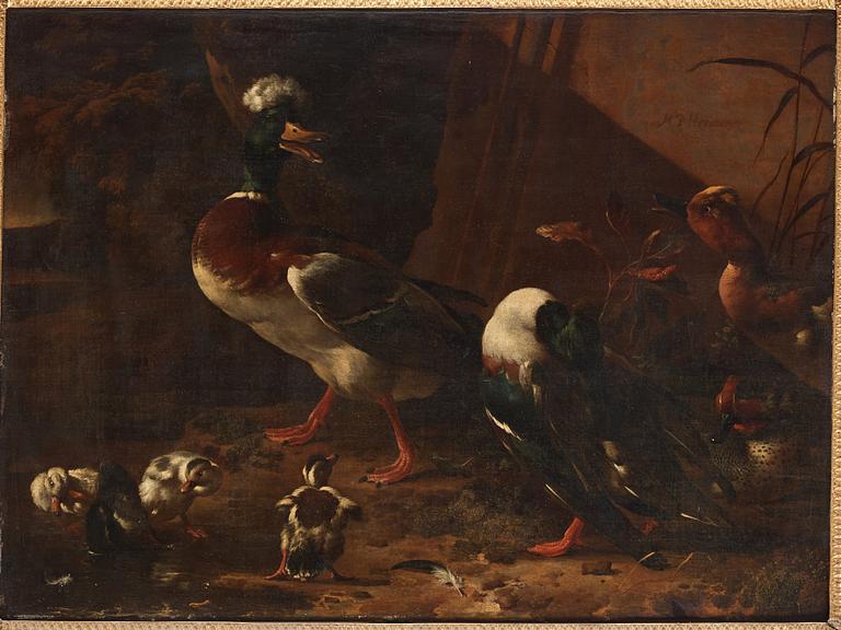 Melchior de Hondecoeter Tillskriven, Andfamilj vid vattenbryn.