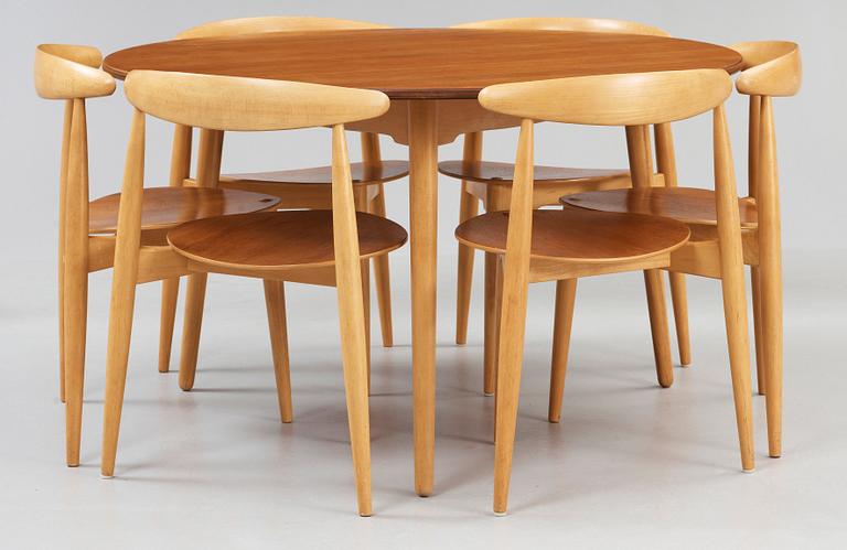 A Hans J Wegner teak top dining table with six chairs, Fritz Hansen ca 1963.