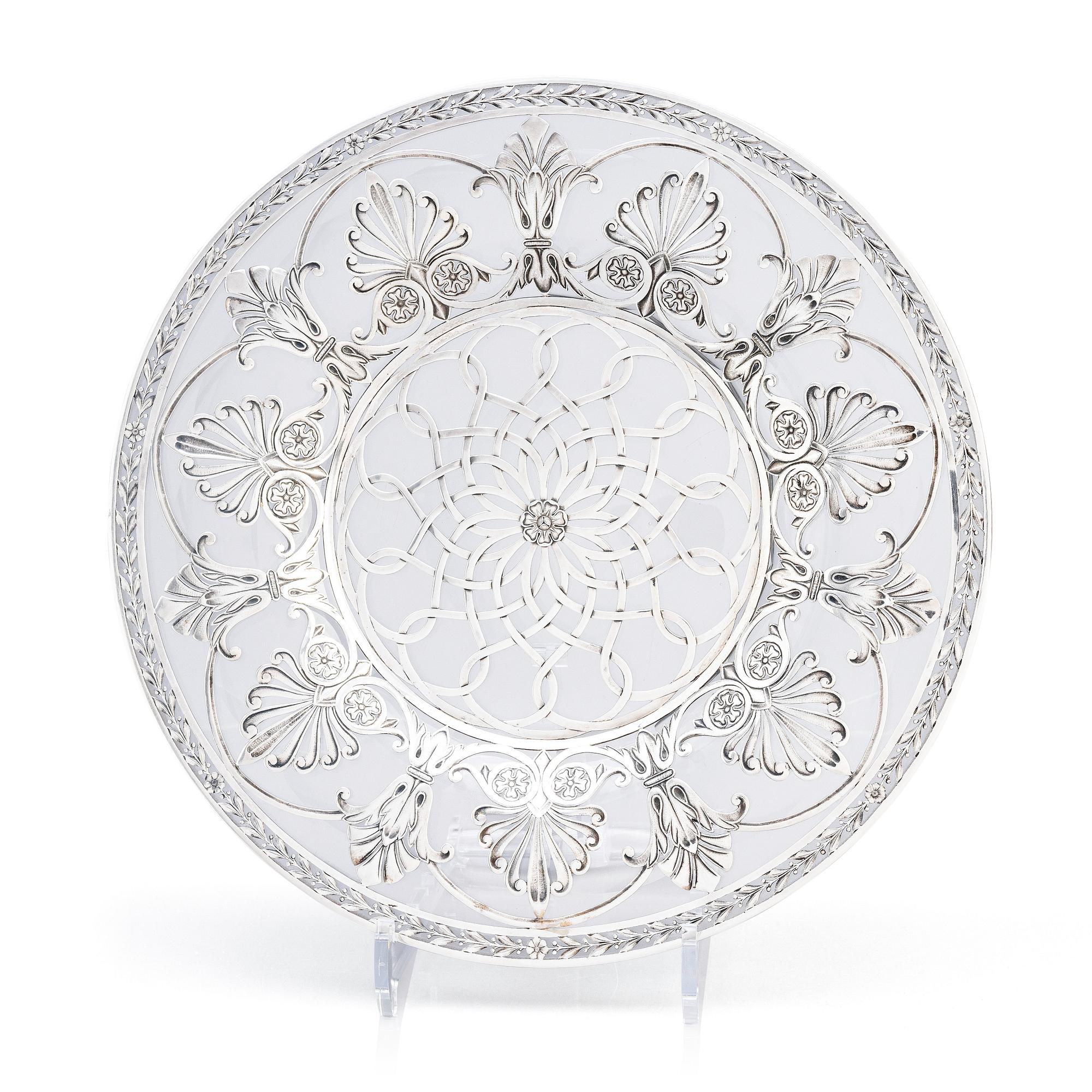 An ornate silver and glass dish, mark of W.A. Bolin, Stockholm 1920.