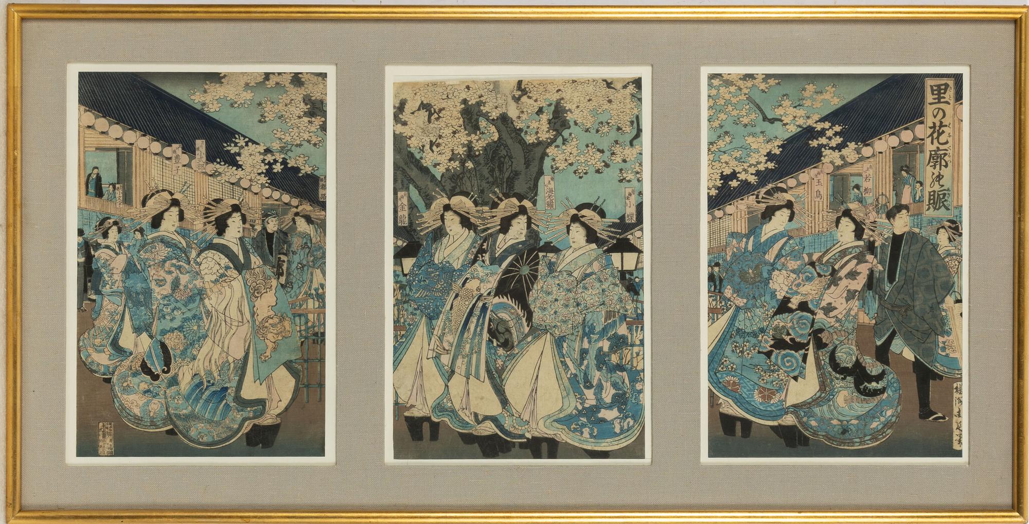 Träsnitt, triptyk, Japan, 1800-tal.